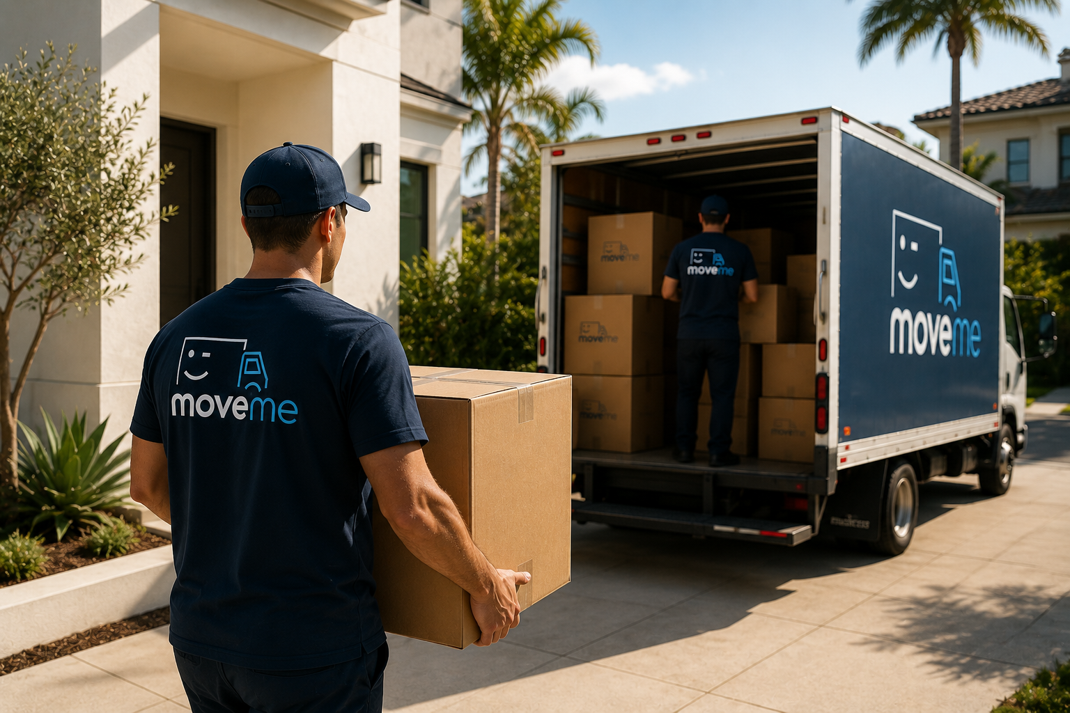 A Move Me moving truck with the professional crew unloading boxes and furniture outside a Newport Beach home